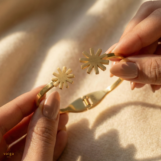 Twin Starburst Gold Cuff Bracelet | Modern Geometric Bangle | Vaiga Jewels