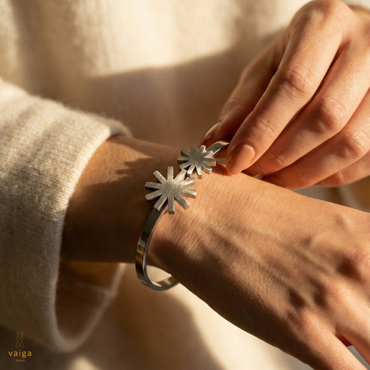 Silver Starburst Cuff Bracelet | Geometric Hinged Bangle | Vaiga Jewels