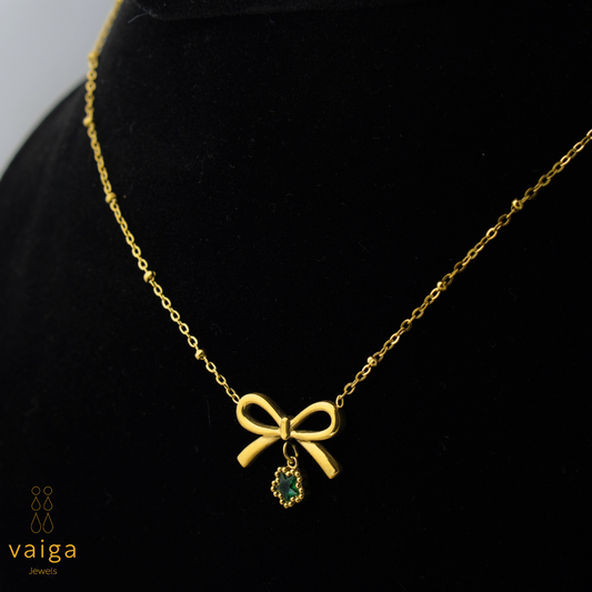 Bow Pendant Necklace with Green Charm