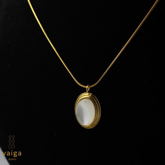 Gold-Toned Oval Pendant Necklace with Pearl Center