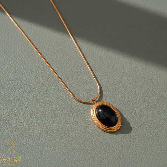 Gold-Toned Oval Pendant Necklace with Pearl Center