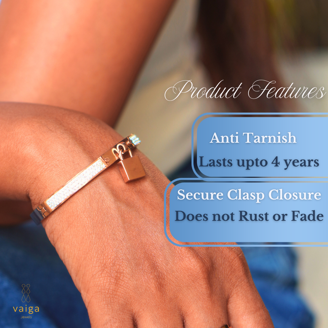 Vaiga Jewels Rose Gold Plated Crystal Bracelet with Lock Charm – Luxury Fashion Jewelry for Women, Elegant Gift for Her