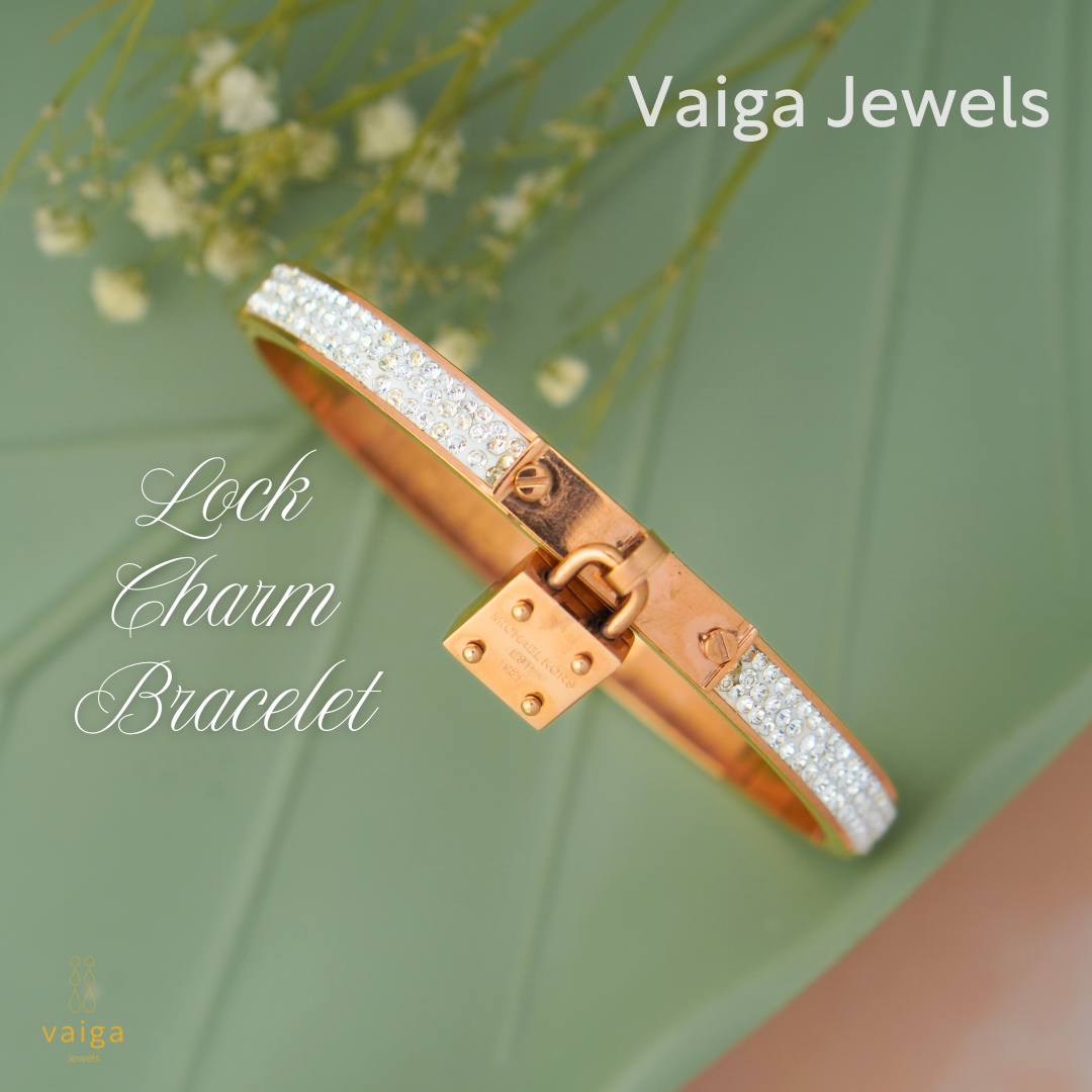 Vaiga Jewels Rose Gold Plated Crystal Bracelet with Lock Charm – Luxury Fashion Jewelry for Women, Elegant Gift for Her