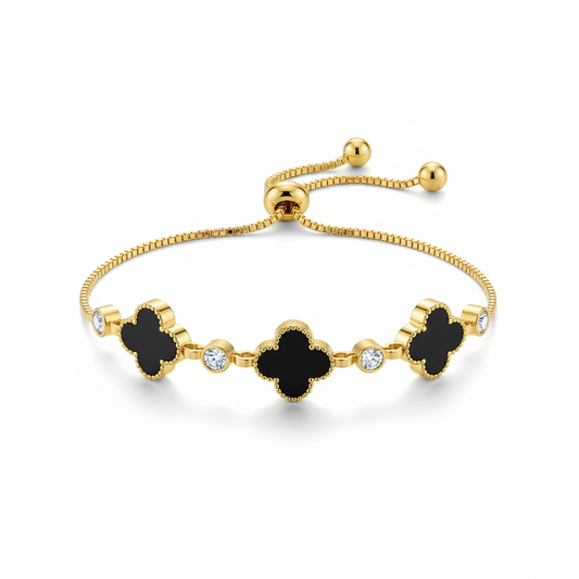 Vaiga Jewels: Gold & Black Clover Charm Bracelet | Adjustable Everyday Style