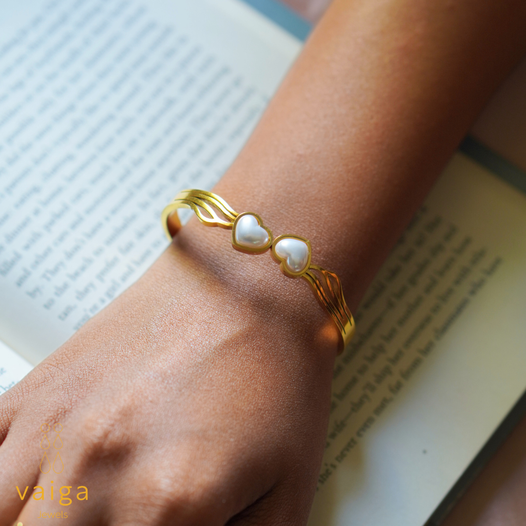 Gold-Tone Anti-Tarnish Bangle Bracelet with Pearl Heart Accent