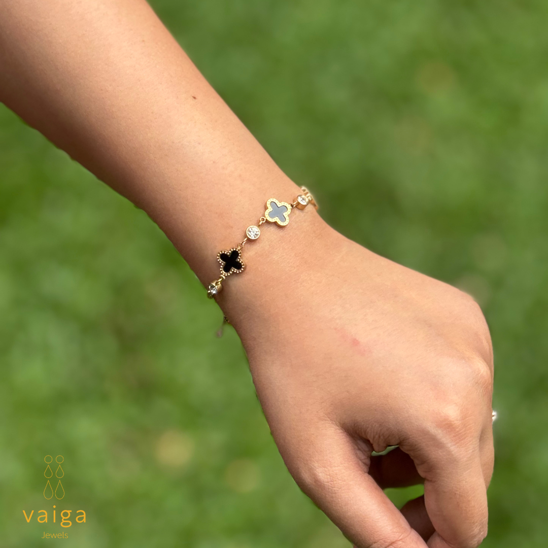 Vaiga Jewels: Gold & Black Clover Charm Bracelet | Adjustable Everyday Style