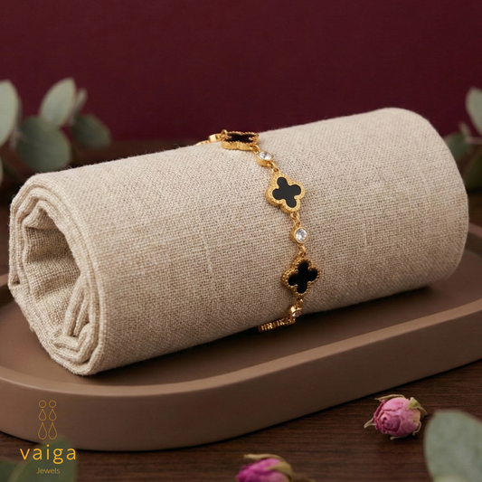 Vaiga Jewels: Gold & Black Clover Charm Bracelet | Adjustable Everyday Style
