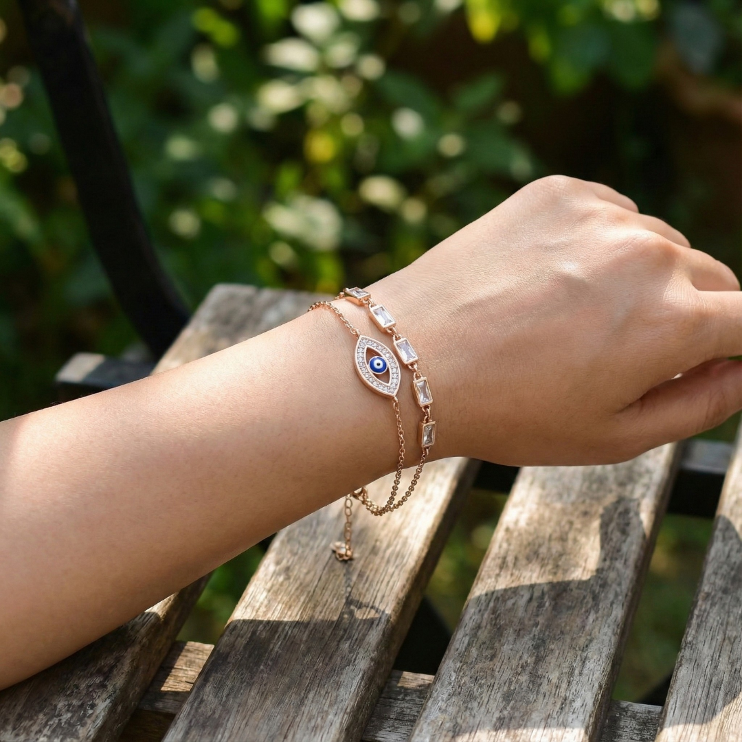 Double Chain Rose Gold Evil Eye Protection Bracelet
