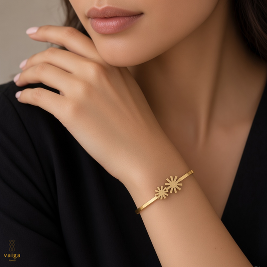 Twin Starburst Gold Cuff Bracelet | Modern Geometric Bangle