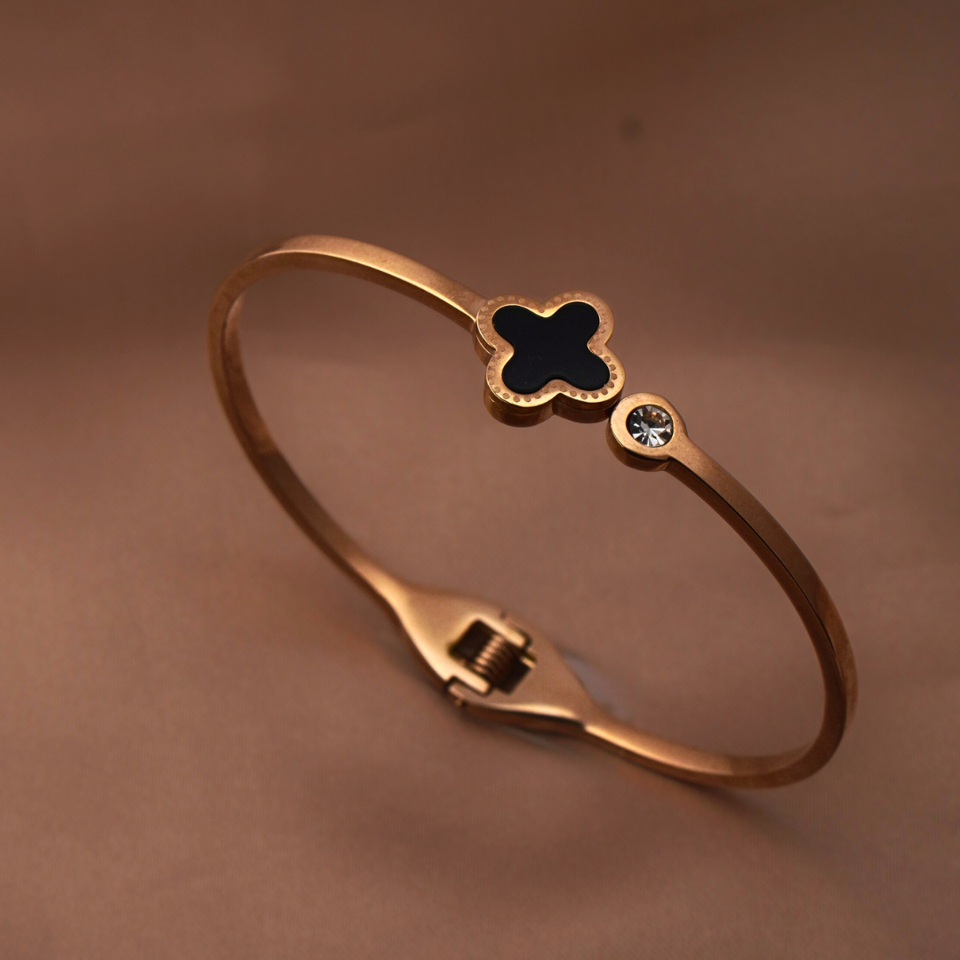 Rose Gold Clover Bangle Bracelet with Crystal Accent | Minimalist Hinged Bracelet for Women