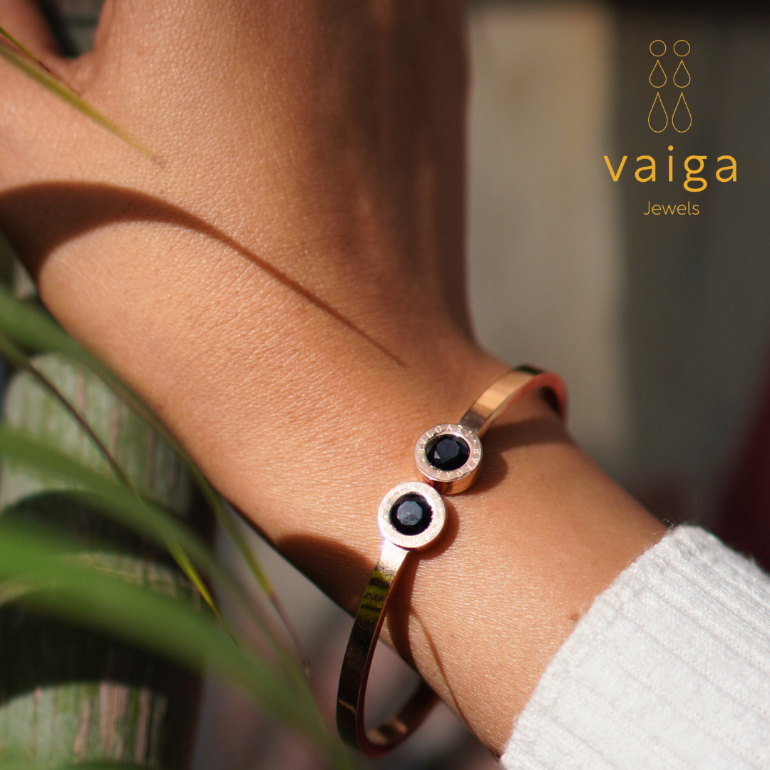 Rose Gold Finish Bangle Bracelet with Black Stone | Anti-Tarnish Stylish Jewelry for Women
