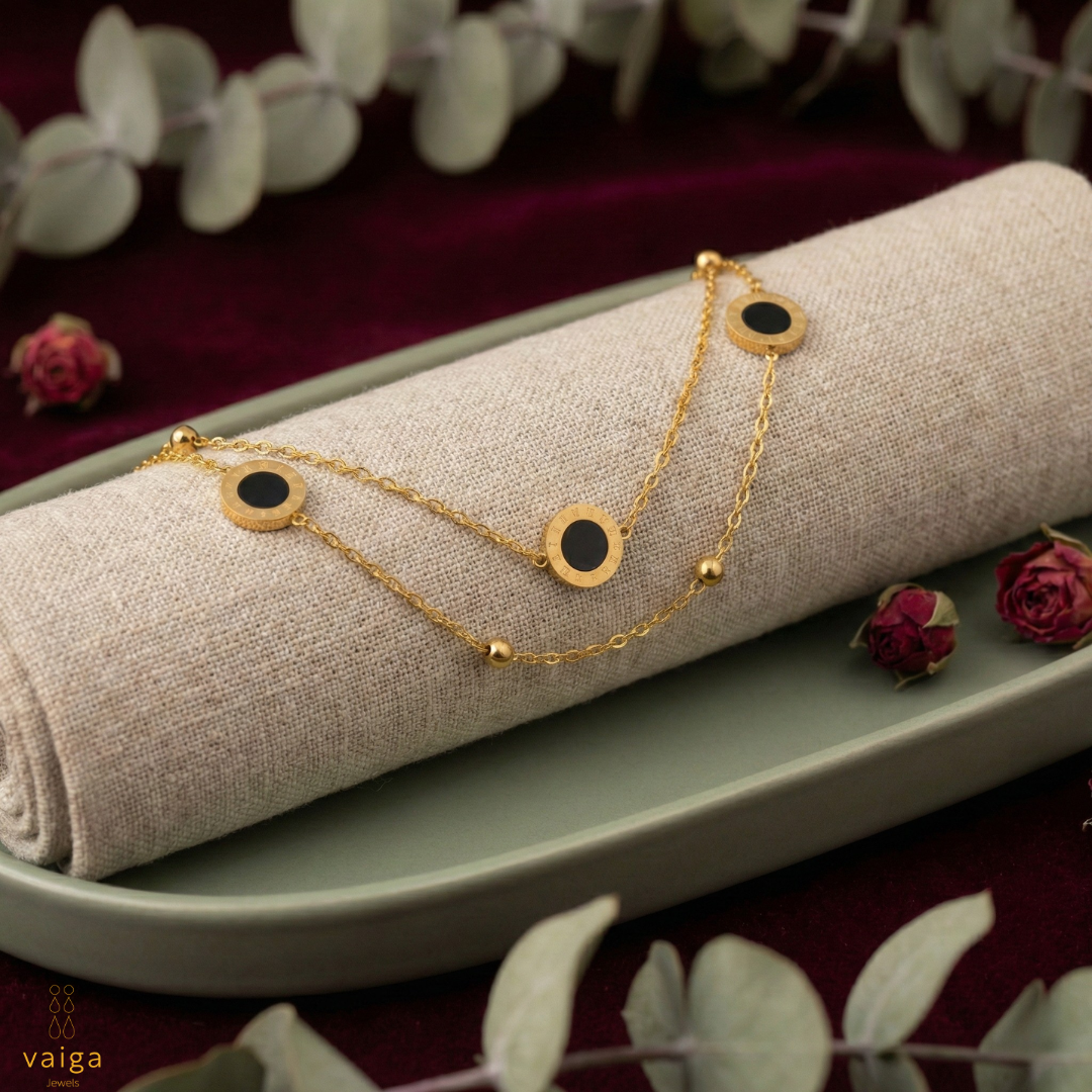 Minimalist Black Enamel & Roman Numeral Charm Layered Bracelet