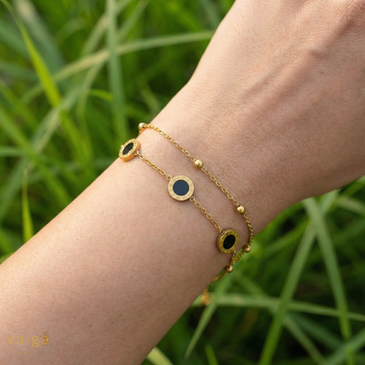 Minimalist Black Enamel & Roman Numeral Charm Layered Bracelet